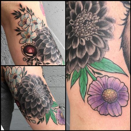 Tattoos - Black and Grey Dahlia with Illustrated flowers and Jewel - 116817